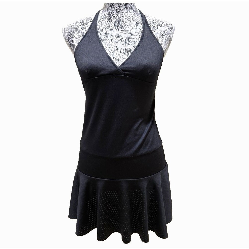 Hurley Womens XS Black Halter Mini Dress Ruched Stretch Bodycon Halter V Neck